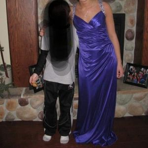 City Triangles Satin Purple Beaded Backless Prom Dress